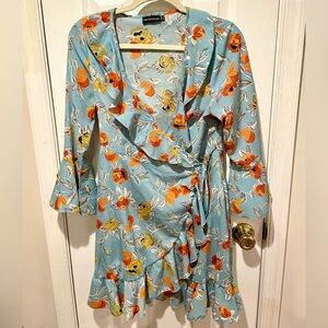 Orange and yellow floral blue wrap dress